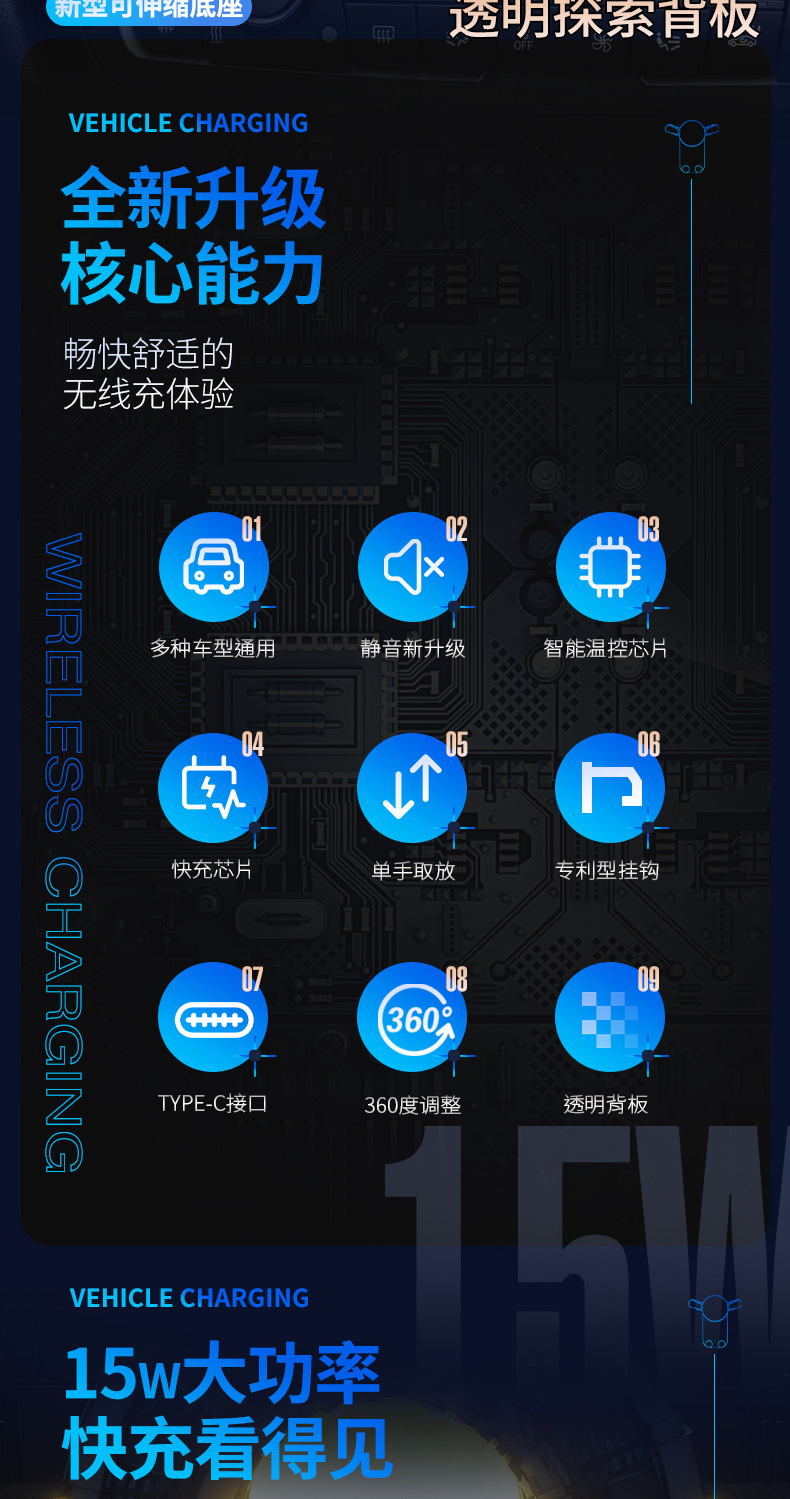 新款15W车载手机支架无线充电汽车卡扣式无线充车载支架厂家直销详情2