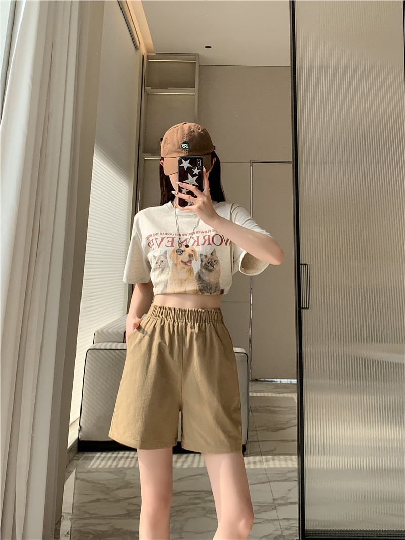 松紧高腰阔腿裤春夏日系百搭宽松显瘦休闲卡其色水洗棉短裤女夏季详情4