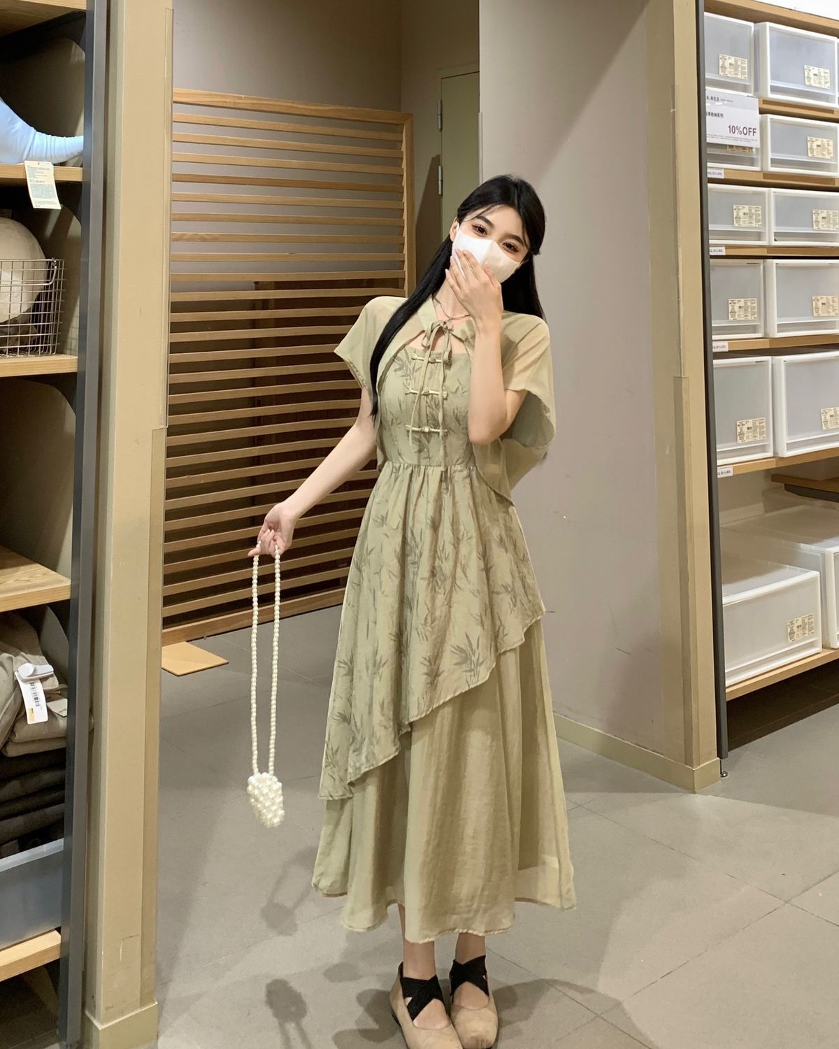 国潮竹叶国风汉服不规则吊带连衣裙女夏大码胖mm新中式收腰显瘦两件套详情11