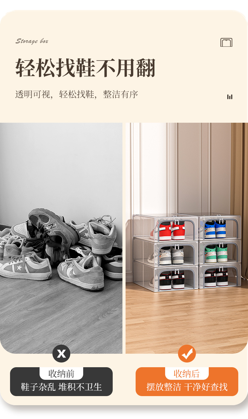 pvc收纳盒双开门可透视透明鞋盒家用可折叠床底鞋子收纳神器鞋墙详情2