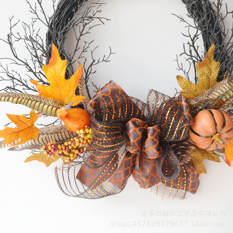 Desheng Cross-border E-commerce Amazon Halloween simulation maple leaf pumpkin Ribbon wall hanging vine ring wreath decoration pic 7