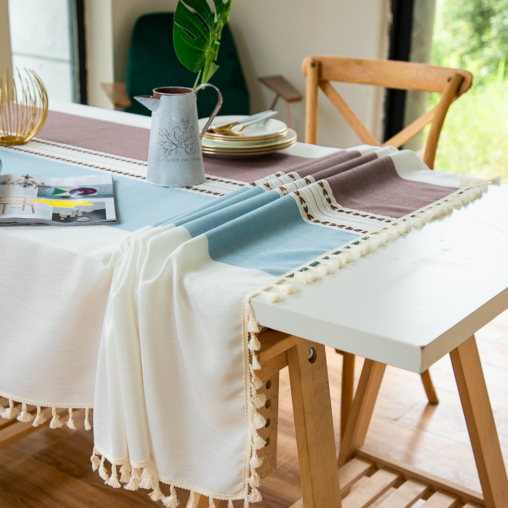 Cross-border Japanese color-blocking and color-blocking embroidered tassel tablecloths, kitchen, dining room, party, family table cover decoration, cotton and linen pic 11