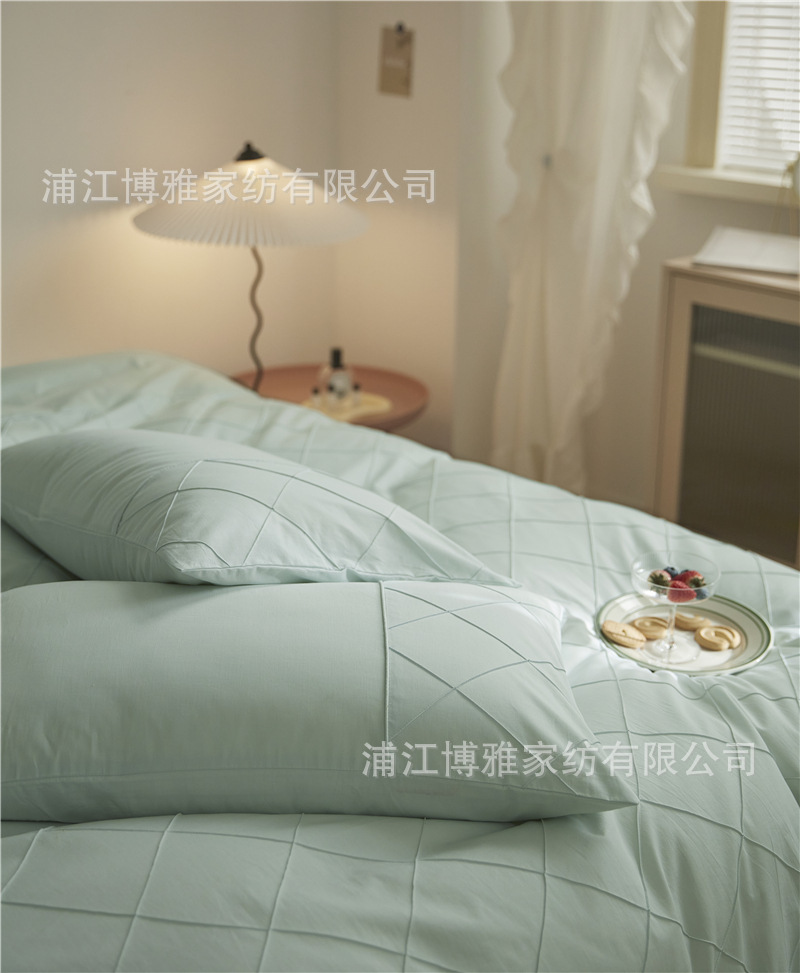 Wholesale of high-quality three or four-piece sets of washed cotton 40-count hand-knitted rhombus-shaped checkered plain pure cotton bedding pic 55