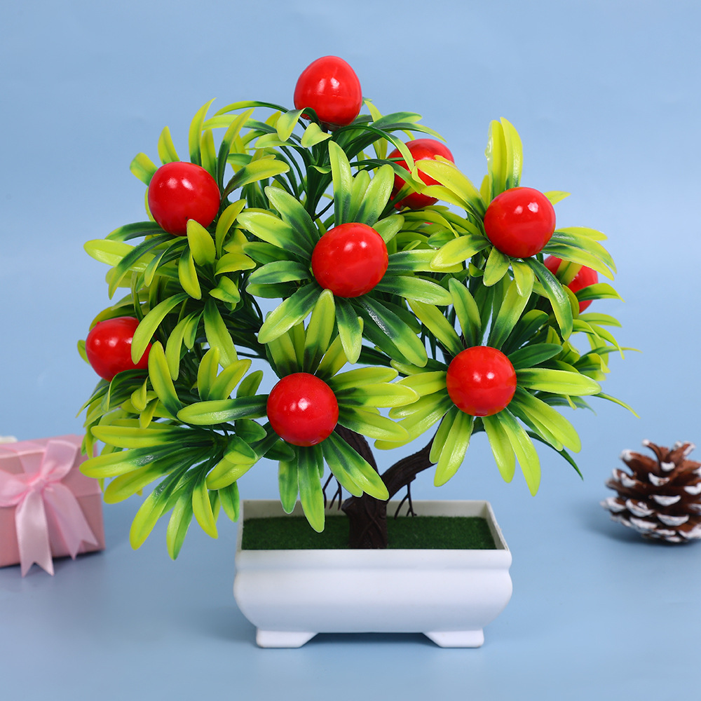 A comprehensive collection of simulated fruit potted plants and bonsai, including red apples, pomegranates, strawberries, oranges, peaches, mangoes, bananas, and red peppers for decoration pic 17