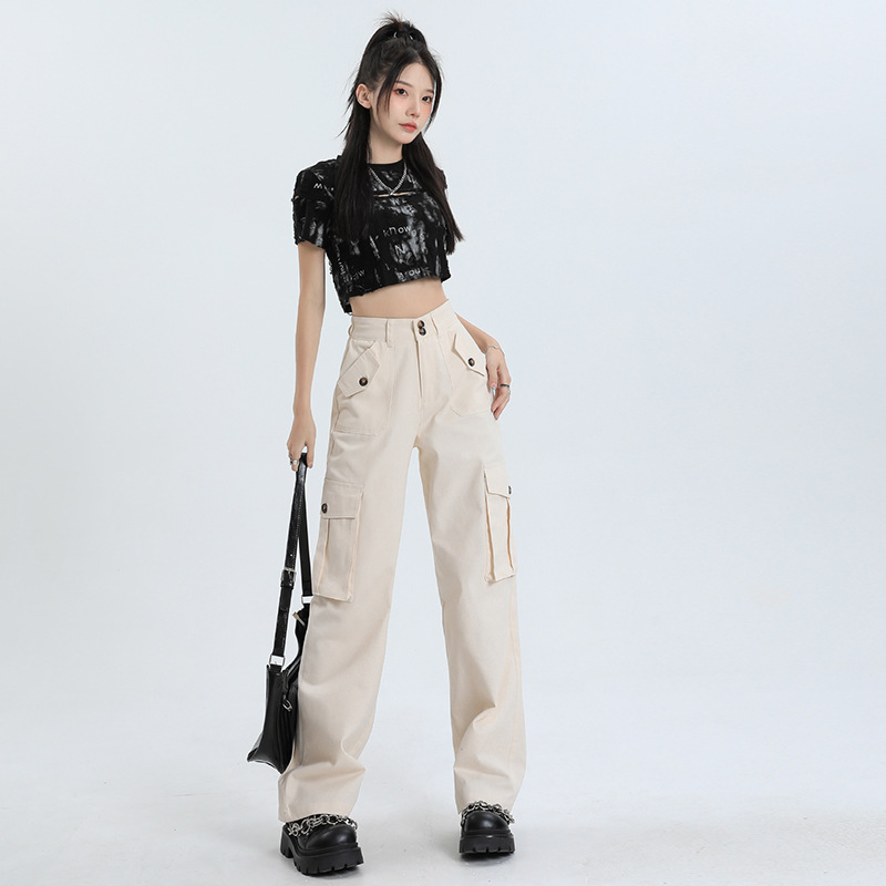 美式直筒工装裤女2024年春季新款高腰宽松显瘦窄版阔腿休闲裤详情3