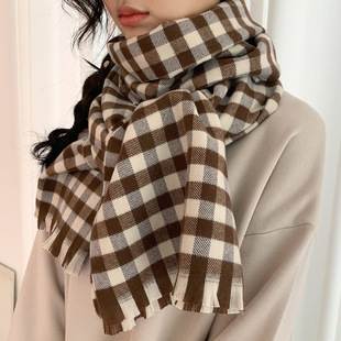 Korean style pink checkered scarf imitating cashmere winter purple scarf 2022 autumn and winter new style widened scarf shawl pic 7