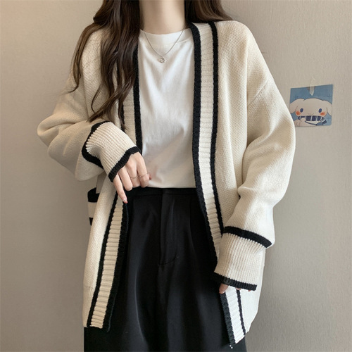 2023秋冬新款韩版毛衣外套女宽松中长款口袋学院风时尚撞色针织衫详情2