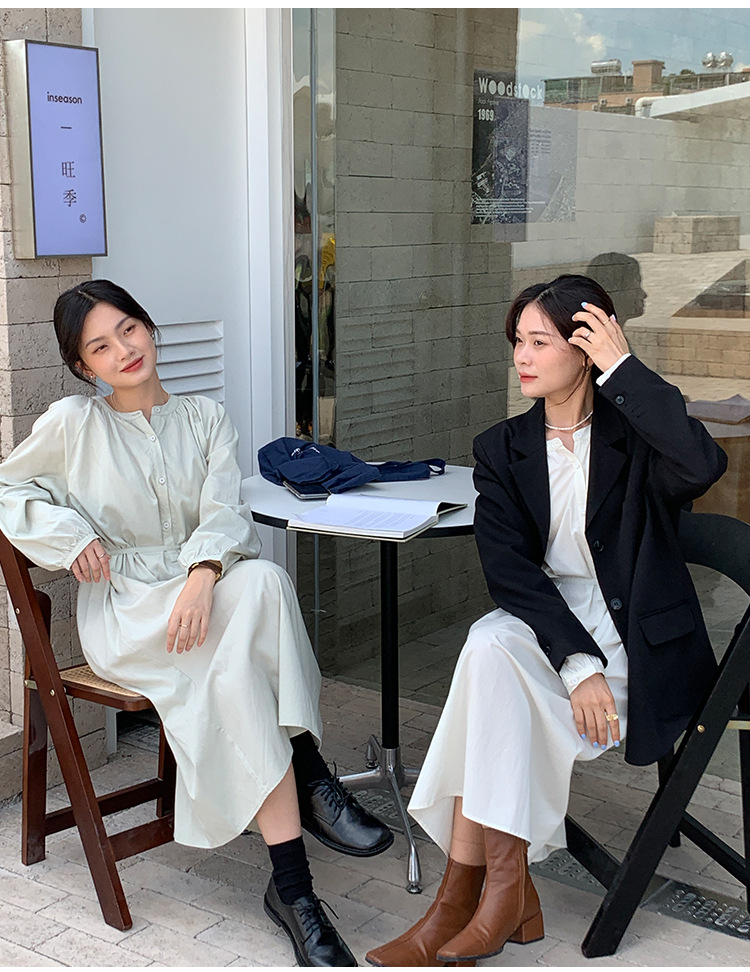 .2021秋季新款v领连衣裙小个子韩系高腰长袖气质百褶长裙子女8105详情16