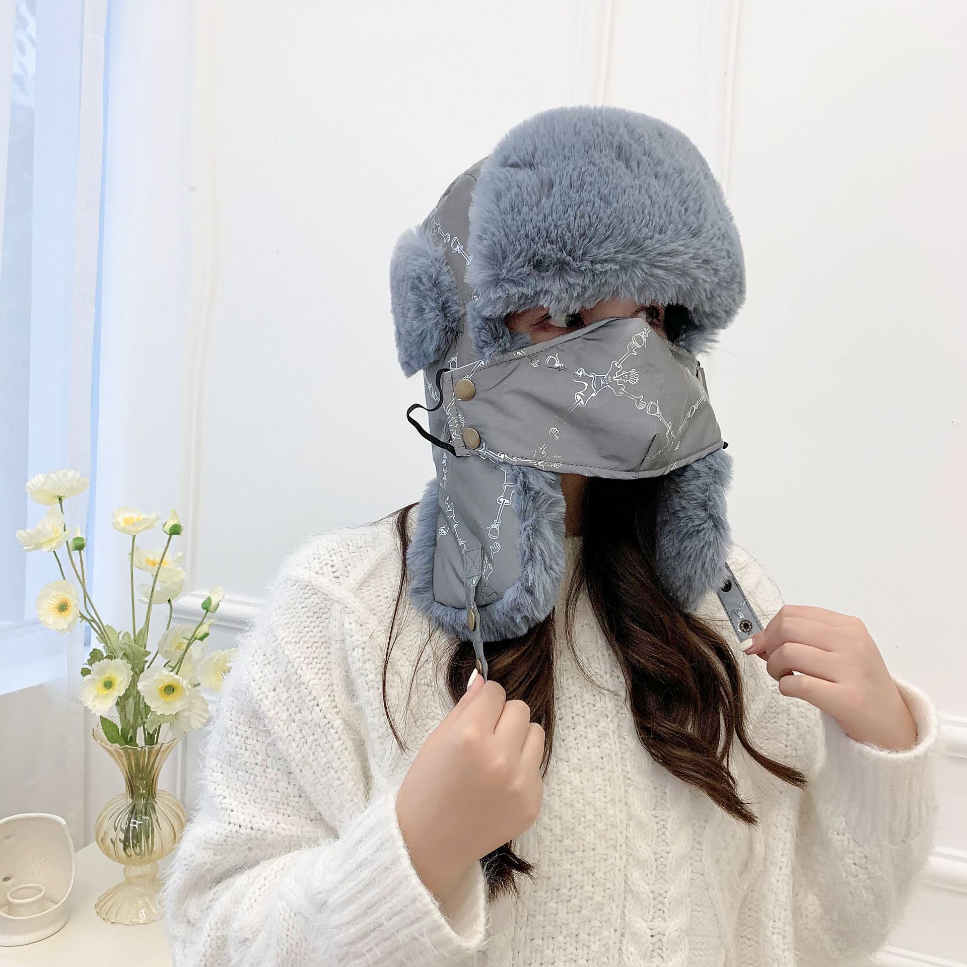 跨境反光雷锋帽带口罩骑车防风男护耳脖东北滑雪冬季帽子女保暖帽详情2