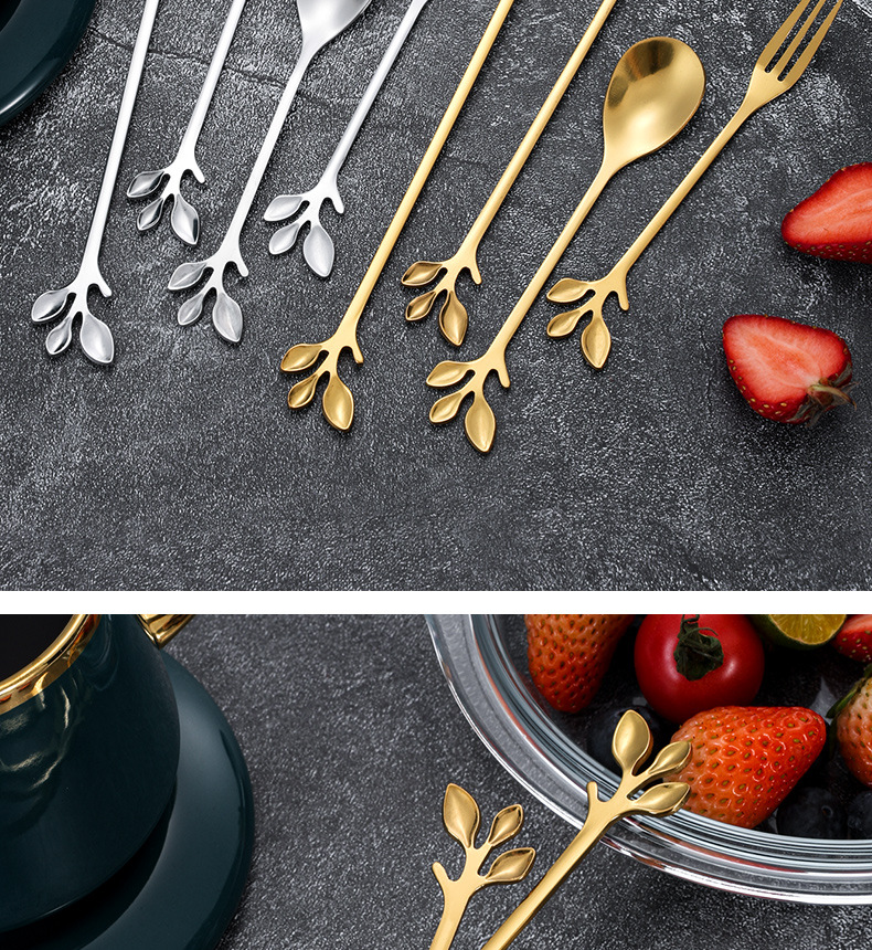 不锈钢创意高颜值树叶勺叉调羹咖啡勺家用餐勺长柄搅拌勺甜品叉子详情16