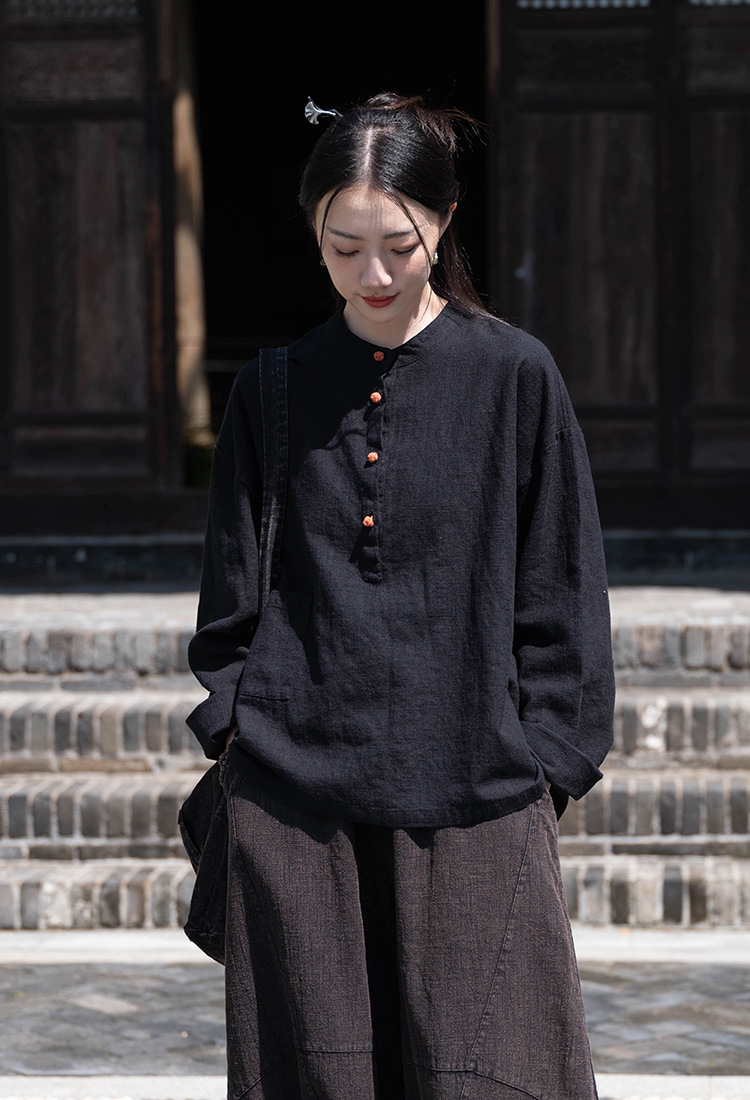 2024春夏棉麻女装新品亚麻立领拼色盘扣套头大码上衣女式棉麻衬衫详情31