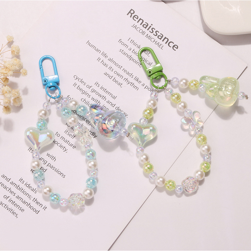 New translucent rabbit figurine keychain pendant, cute glitter pink heart burst bead chain accessory, headphone case decoration pic 5