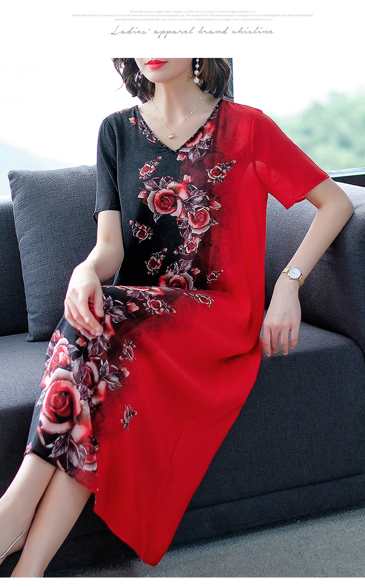 批发V领印花连衣裙女2021夏季新款阔太太大码遮肚桑蚕丝裙子潮详情16