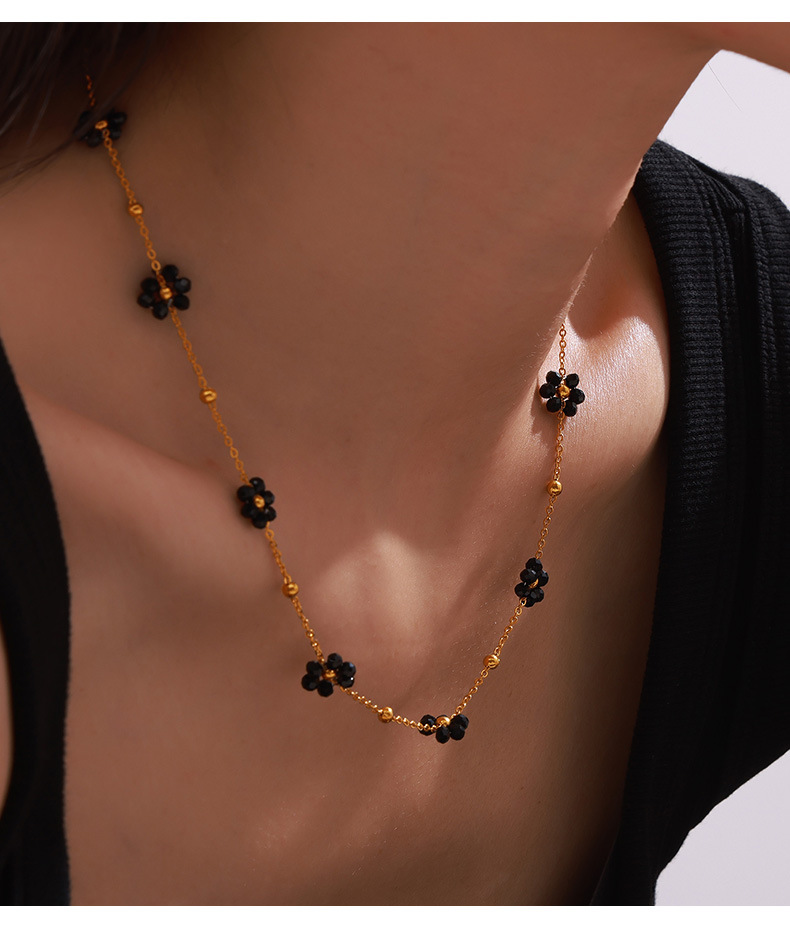 British-style retro, niche, individual, simple and versatile accessories, natural stone beaded, flower-shaped titanium steel jewelry set pic 18