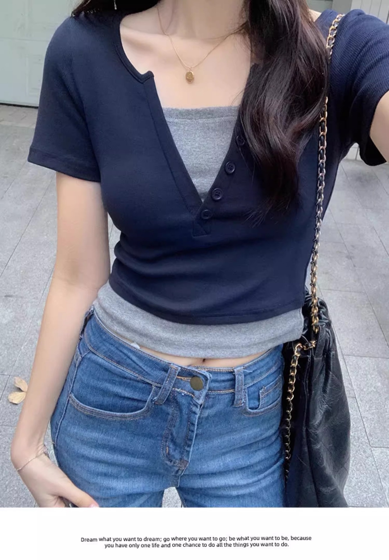 Pink V-neck off-the-shoulder T-shirt for women, short sleeve, new spring and summer style, two-piece design, slim and short, pure and sensual pic 31