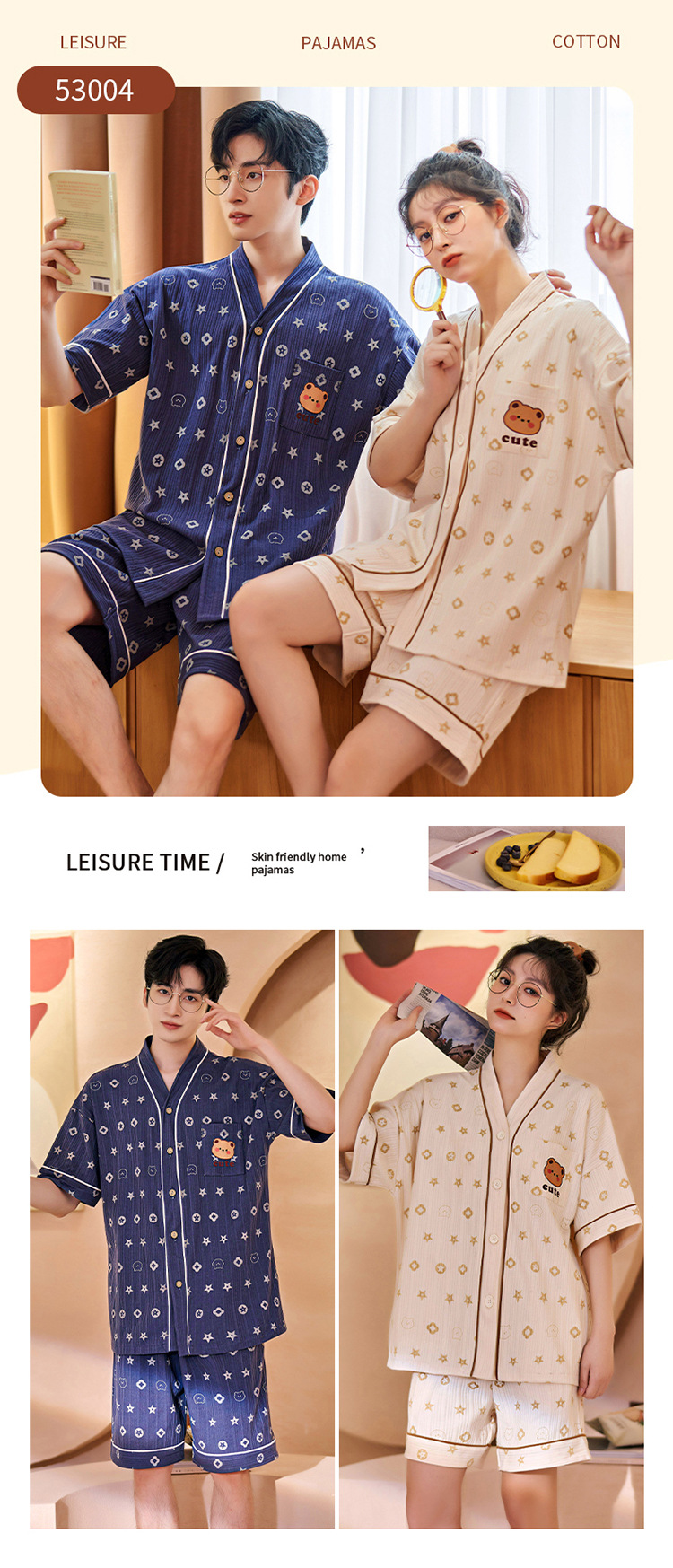 Chun baifen cute pareja pijama mujer de verano manga corta pantalones cortos cardigan hombre trajes casuales ropa casera usable exterior pic 26