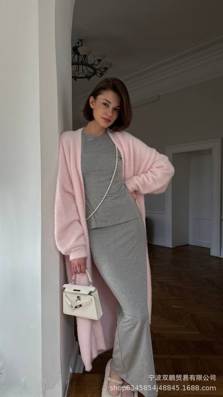 2025秋冬新长款仿貂开衫女跨境欧美风热卖慵懒风针织毛衣带腰带详情6