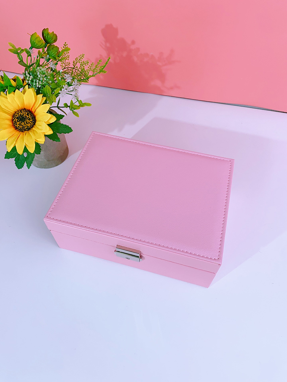 瑾奇2023首饰盒带锁双层大容量皮革珠宝饰品戒指项链耳环耳钉收纳盒子 粉色儿童收纳系列 JQ009详情4