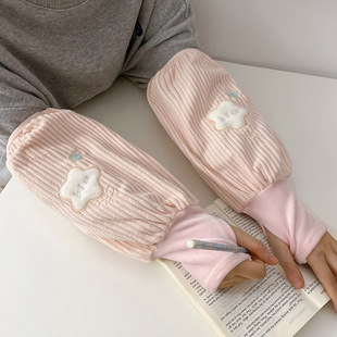 Cute warm hand sleeves for women, long work anti-dirt sleeves, student sleeves, winter two-in-one plush gloves sleeves pic 3