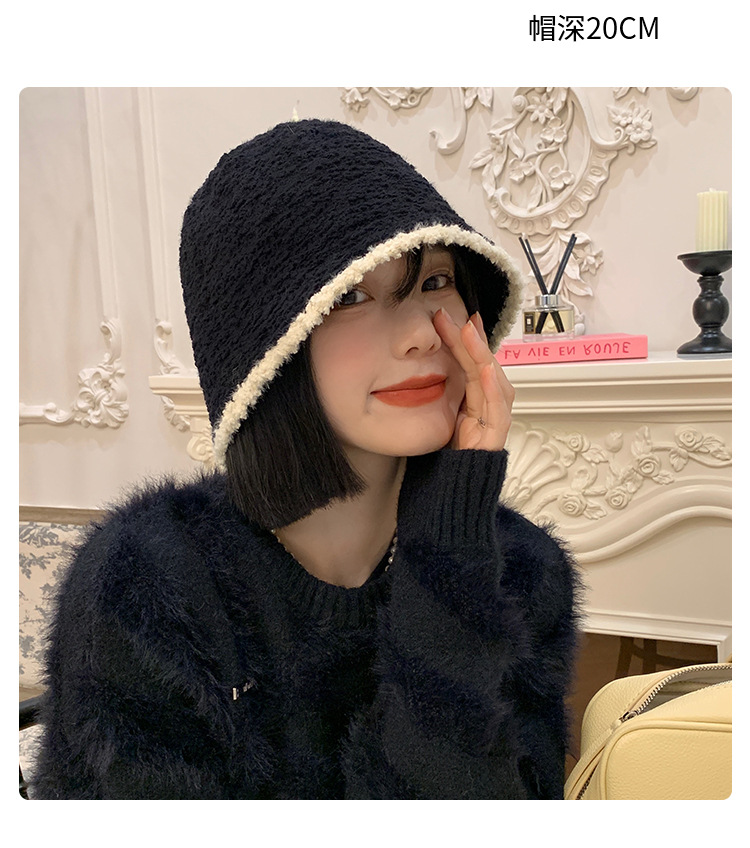 黑色针织毛绒渔夫帽女秋冬季韩版大头围水桶帽日系百搭显脸小帽子详情4