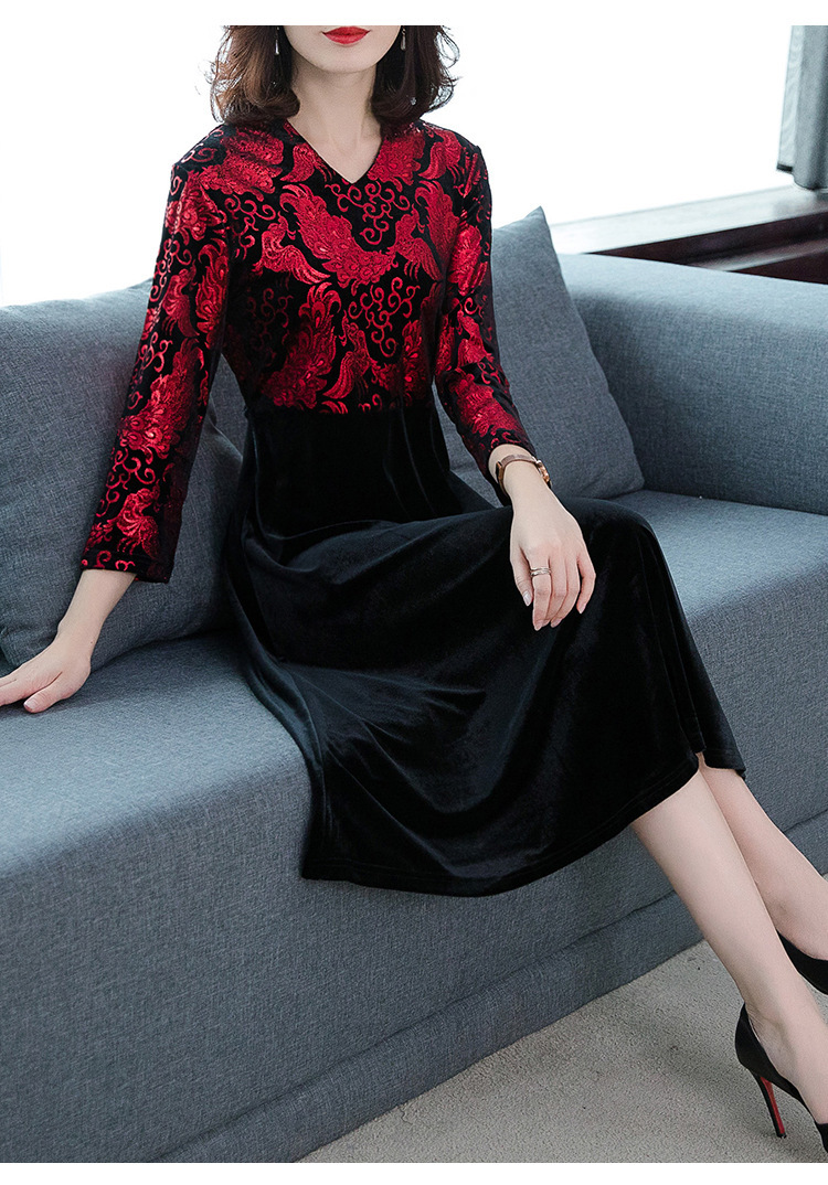 春秋新款女韩版宴会礼服妈妈装大码中年装长袖V领连衣裙 精品质量详情15