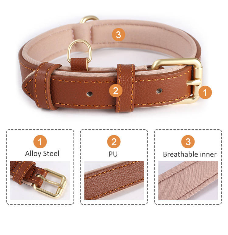 New pet collar with lychee pattern, genuine leather dog collar, diving cotton anti-loop, adjustable cat neck collar, pet collar pic 3