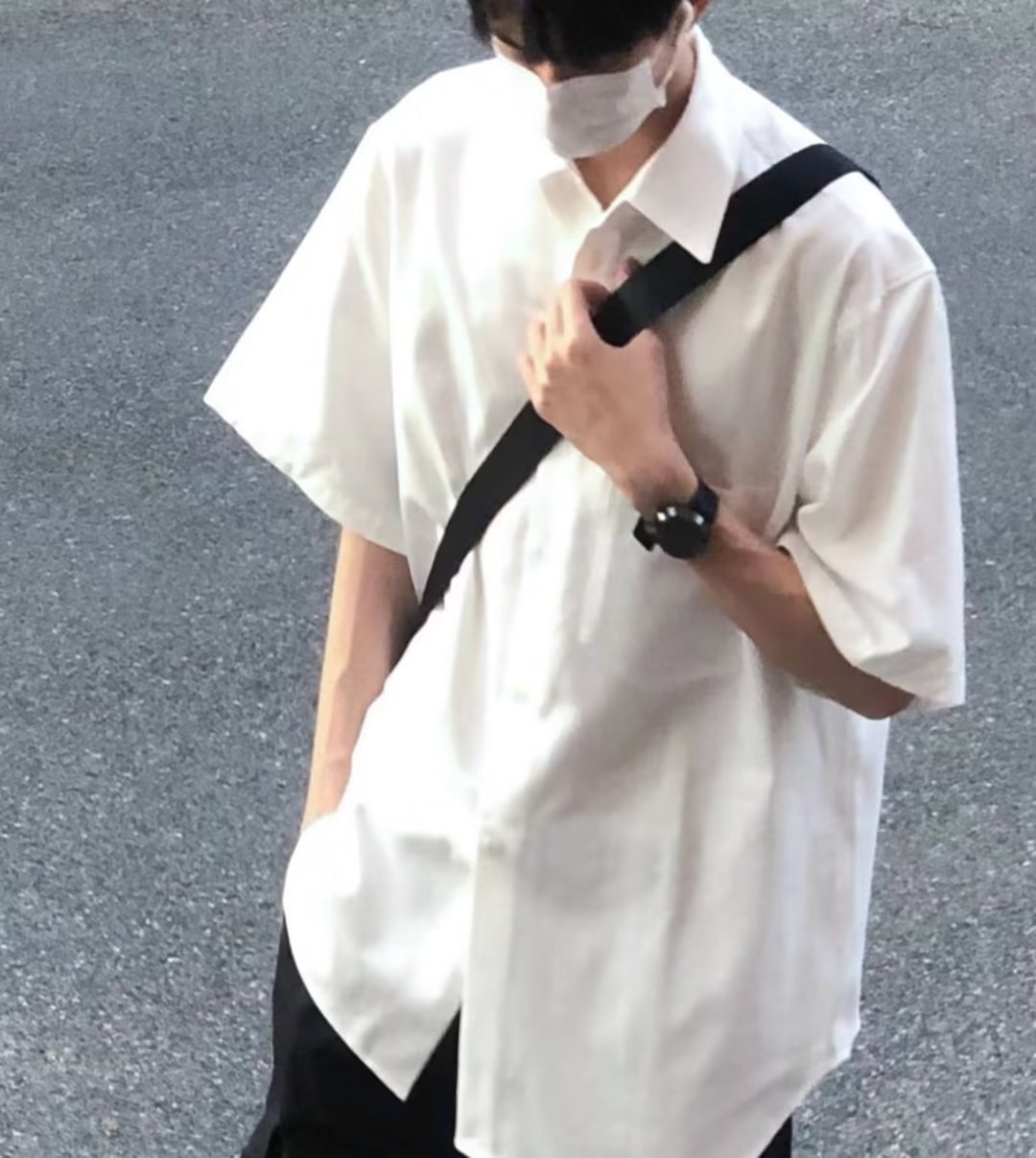 2023新款夏季痞帅宽松纯白色高级感衬衫男士短袖休闲衬衣一件代发详情14