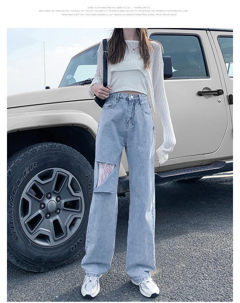 高腰垂感破洞牛仔裤女2021夏季学生宽松乞丐裤大码胖mm直筒阔腿潮详情11