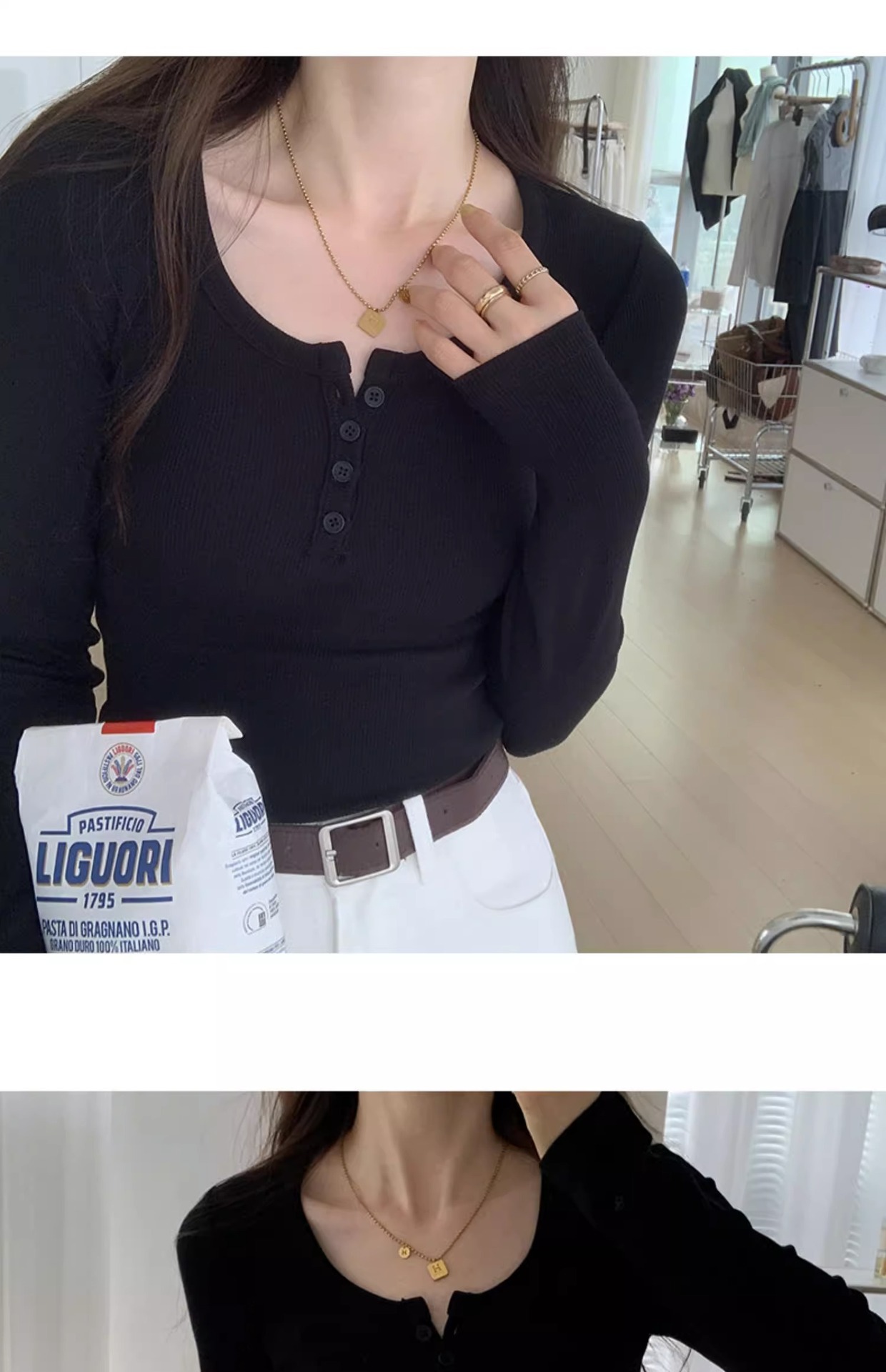 白色长袖t恤女2023秋装新款女装内搭上衣正肩体恤螺纹V领打底衫详情20