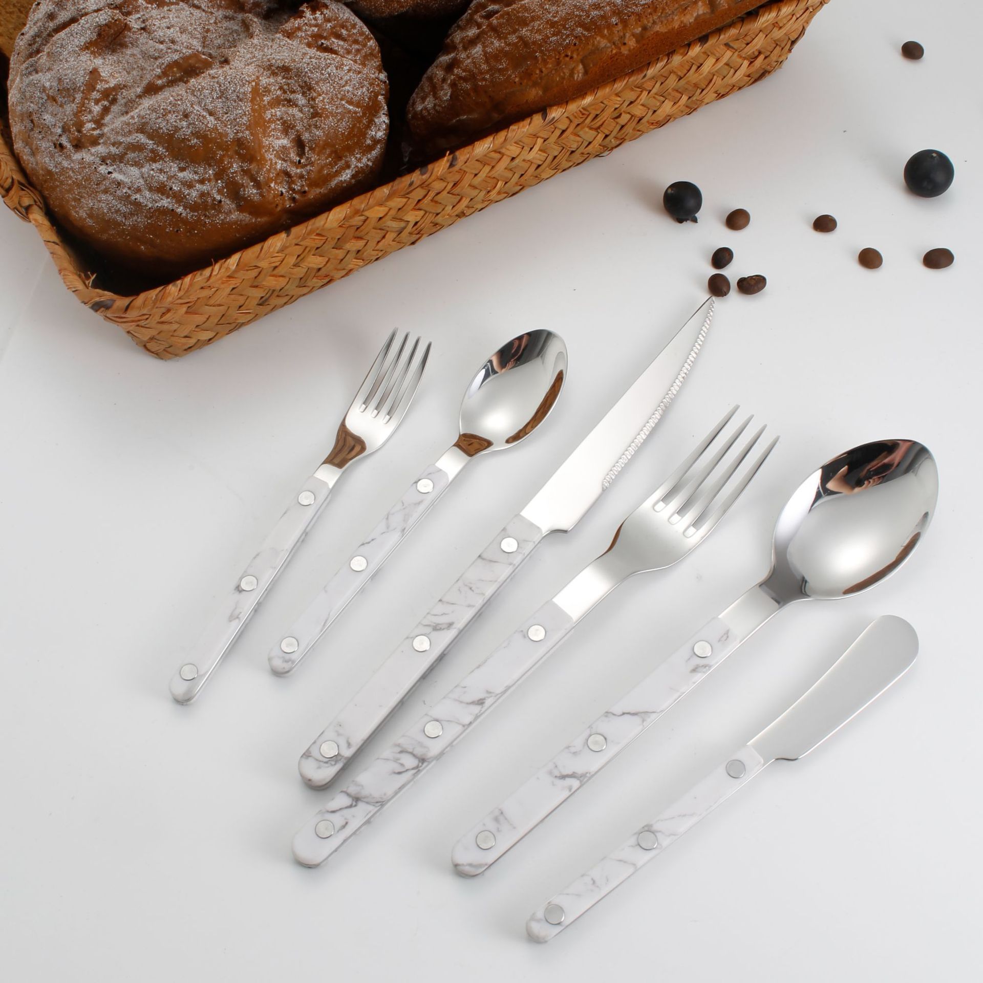Handle nail tableware, 304 stainless steel tableware, ins Nordic-style spoons, high appearance level acrylic Western-style knives, forks and spoons pic 14