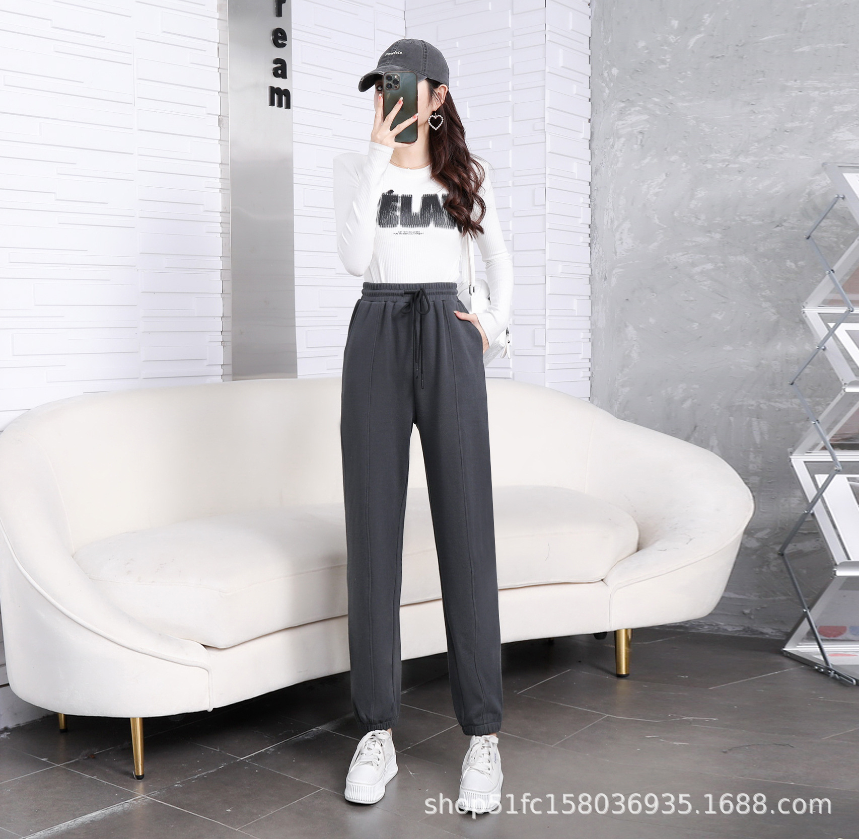 Early spring pure cotton fashionable casual set for women, loose, sporty and slimming straight-leg high-waisted wide-leg pants, zipper hooded jacket pic 5