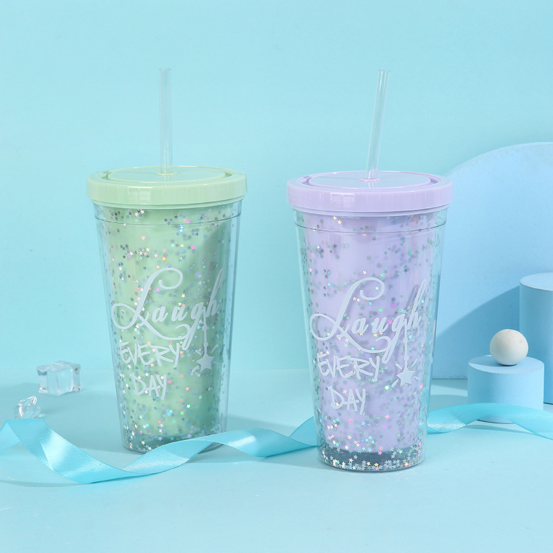Summer new double-layer household carrying straw ice cup, popular star sequined creative plastic student gift water cup pic 6