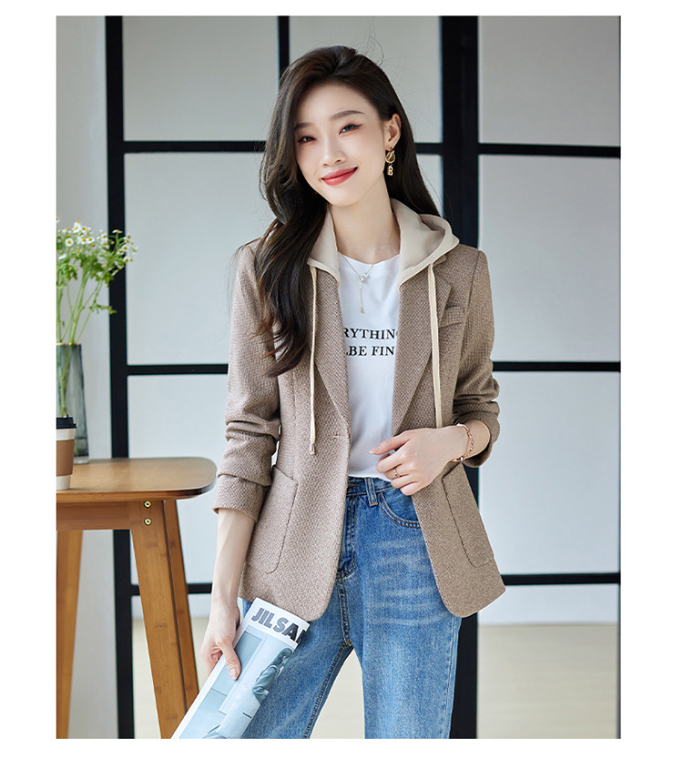 休闲假两件连帽西装外套女式春秋新款韩版高级格纹设计感西服上衣详情21