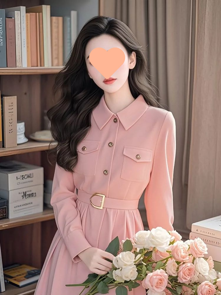 初秋钓系约会裙法式小香风正式场合收腰粉色长袖连衣裙女2024新款详情4