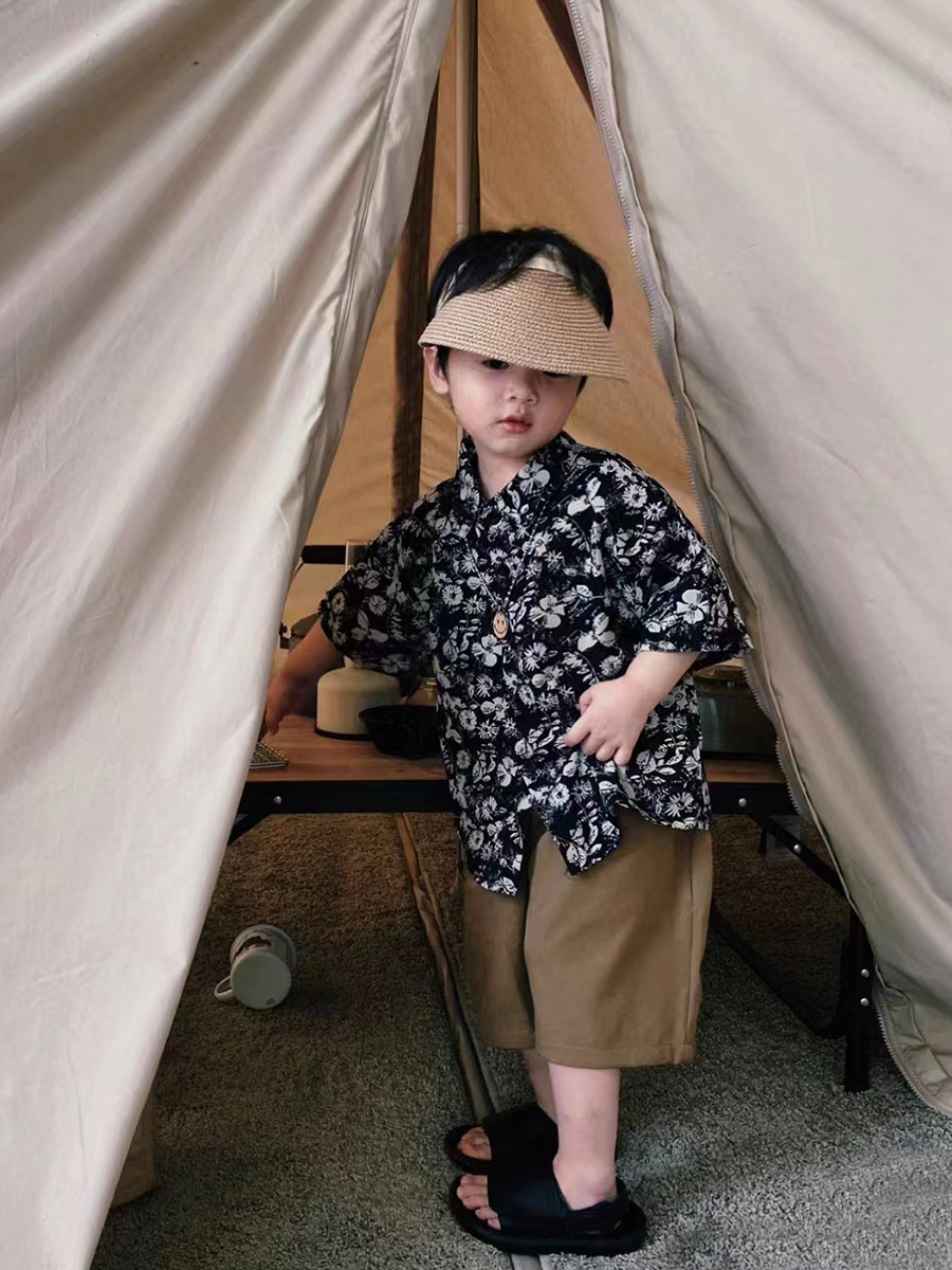 儿童夏装套装男童夏季新款童装女宝复古港风碎花短袖衬衫两件套潮详情6