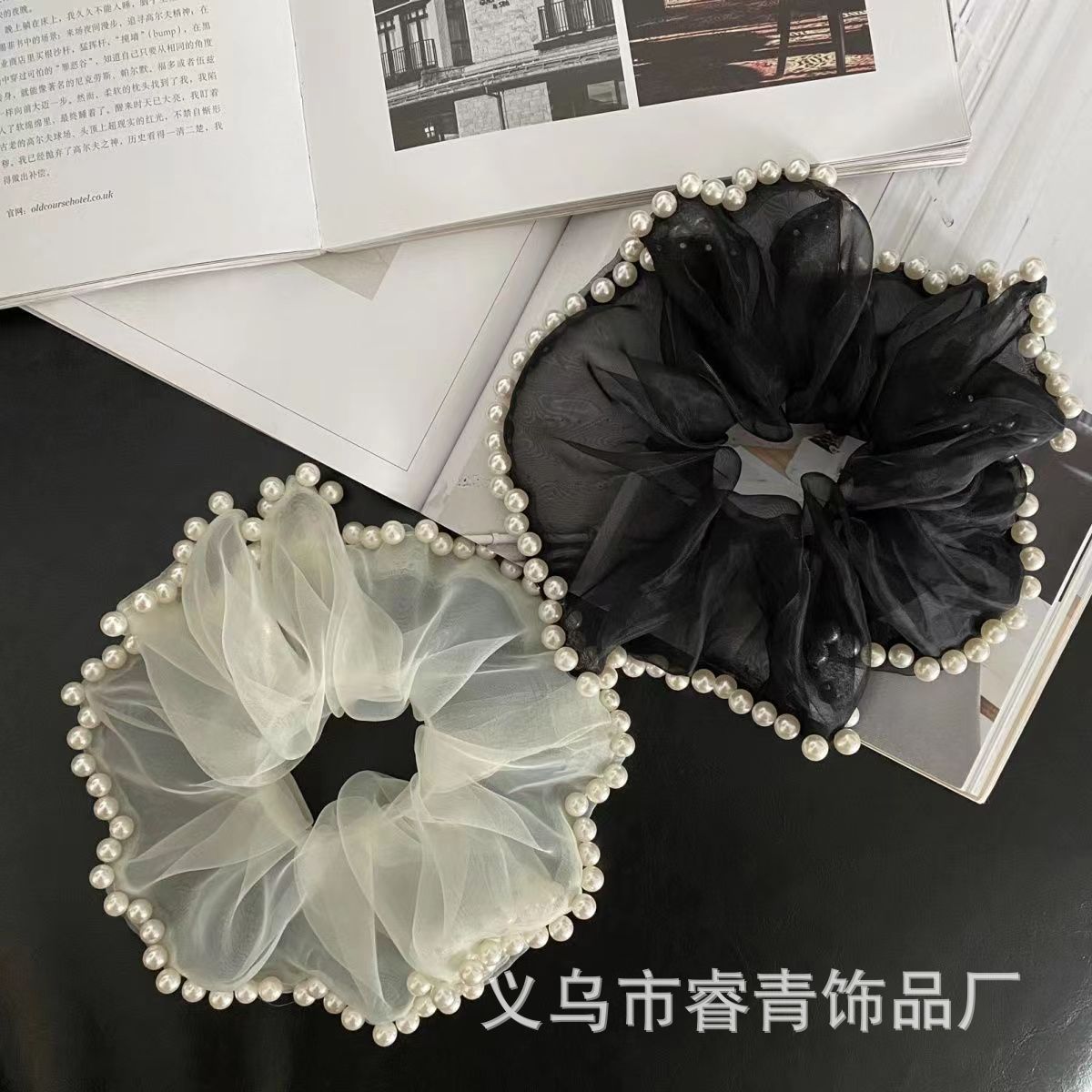 法式优雅高颜值珍珠发圈超大网纱百搭大肠发圈欧根纱钉珠皮筋爆款详情3