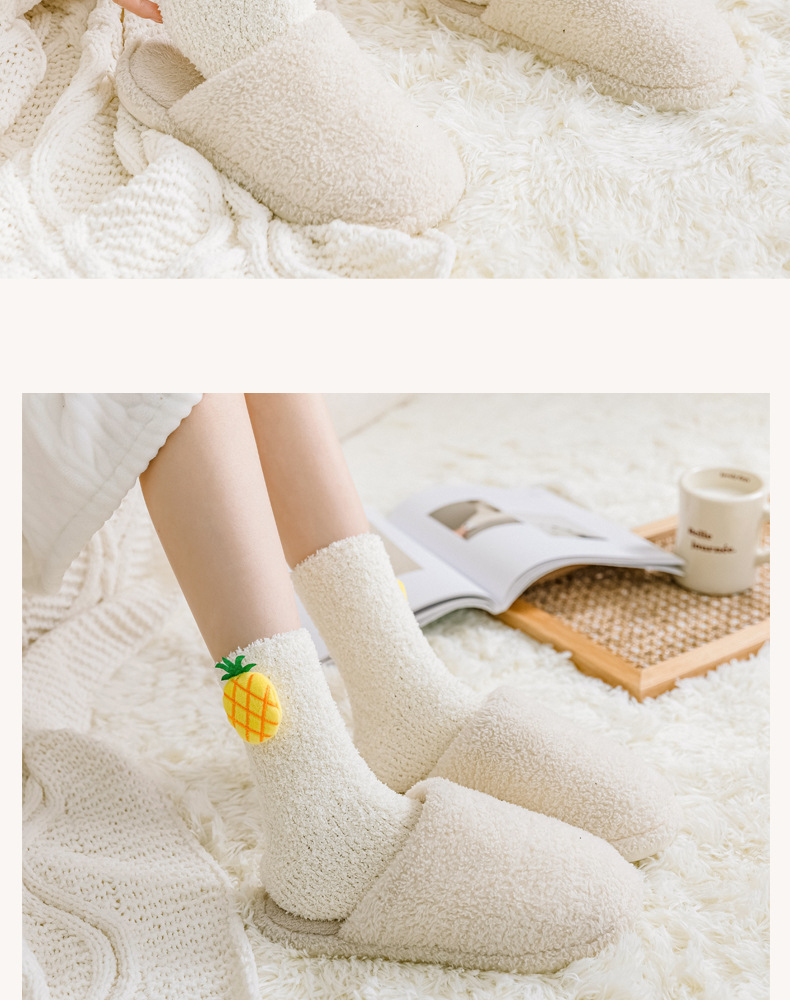 Three-dimensional fruit-decorated coral fleece socks, winter fleece thickened sleeping socks, Korean version strawberry mid-calf floor socks pic 10