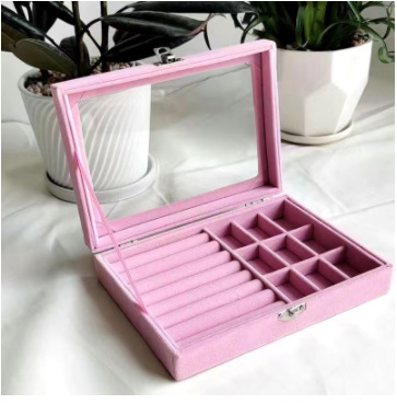 ins Dust-proof and window-opening jewelry box with cover, transparent velvet ring, necklace and earrings storage box pic 8