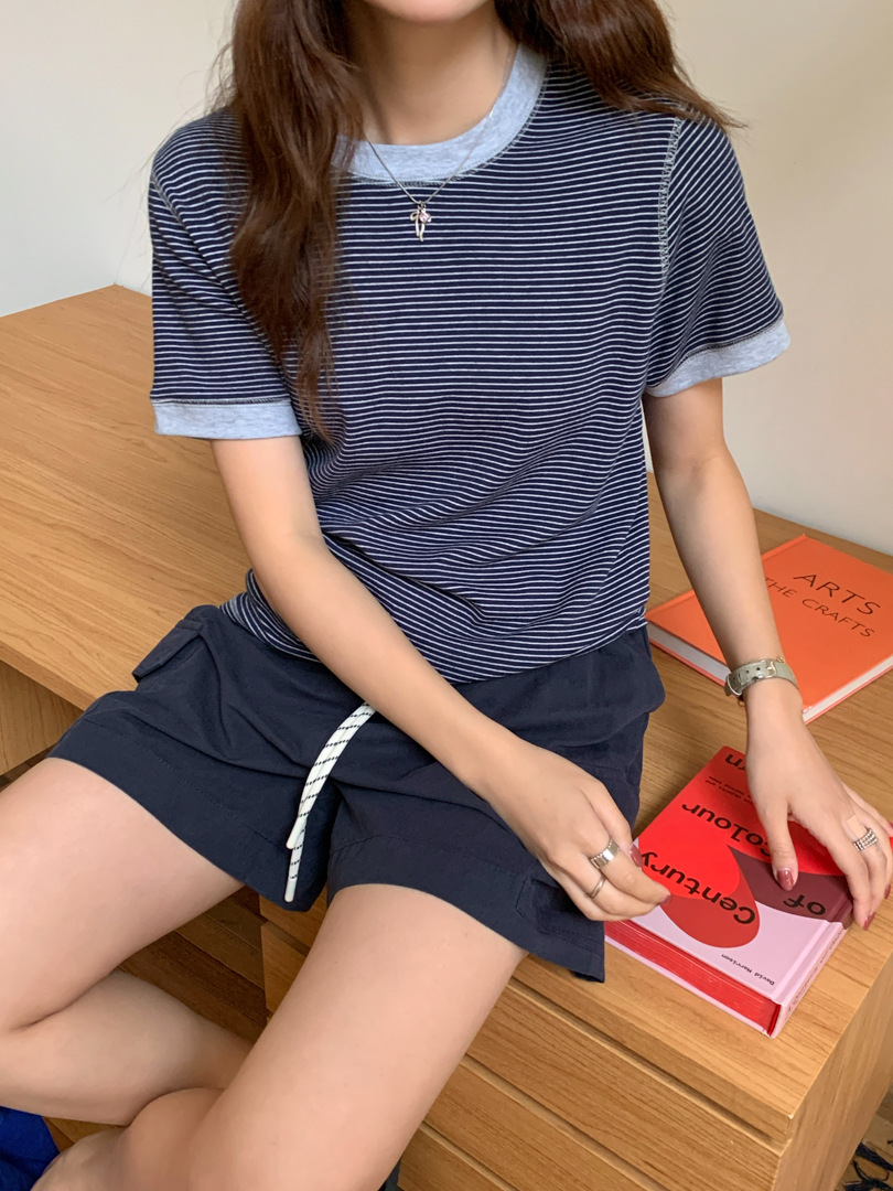 GAGD Oni T-shirt ~ Small design contrasting color border striped short-sleeved T-shirt for women, Korean-style off-the-shoulder short T-shirt top pic 20