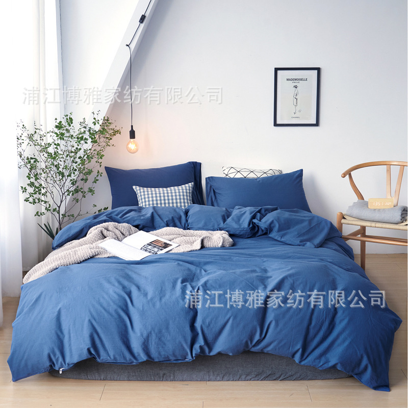 Factory wholesale simple solid-color all-cotton four-piece set, washed cotton set, bedding, cross-border exclusive supply for Amazon pic 4