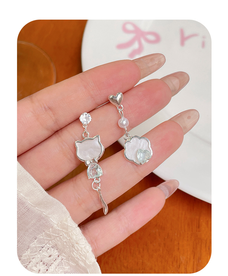 Simple zircon cat earrings, silver needle geometric AB style, cute and exquisite tassel earrings, sweet and niche earrings pic 5
