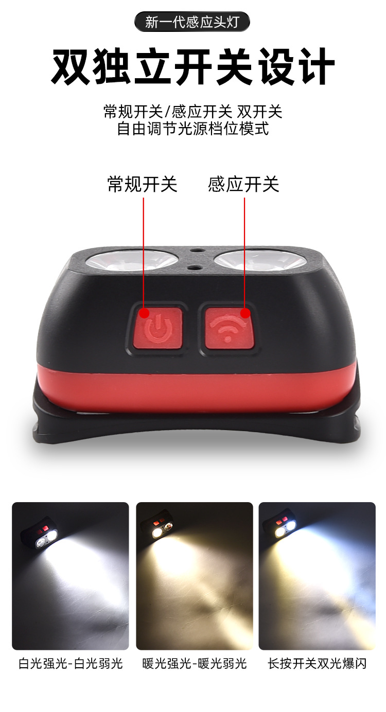 A small outdoor fishing flashlight with white and yellow dual-head light, strong charging sensor, head-mounted lighting and ultra-long battery life pic 5