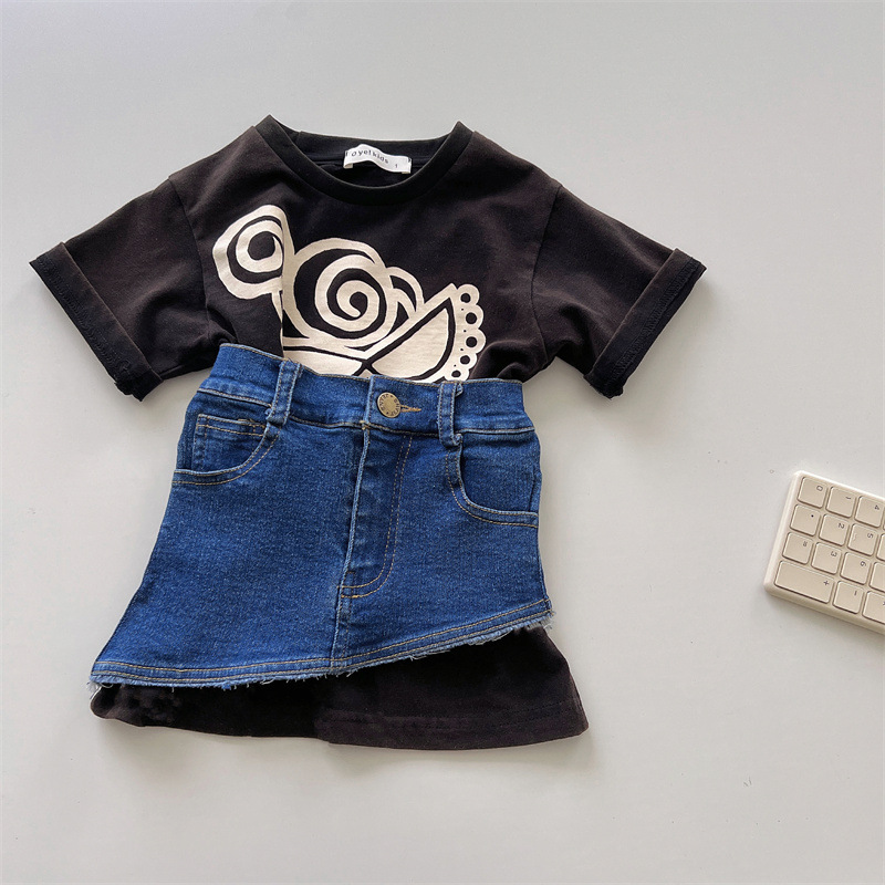 Japanese-style trendy kids vintage pacifier Superman long T girls' denim skirt, high-end children's summer denim skirt pic 12