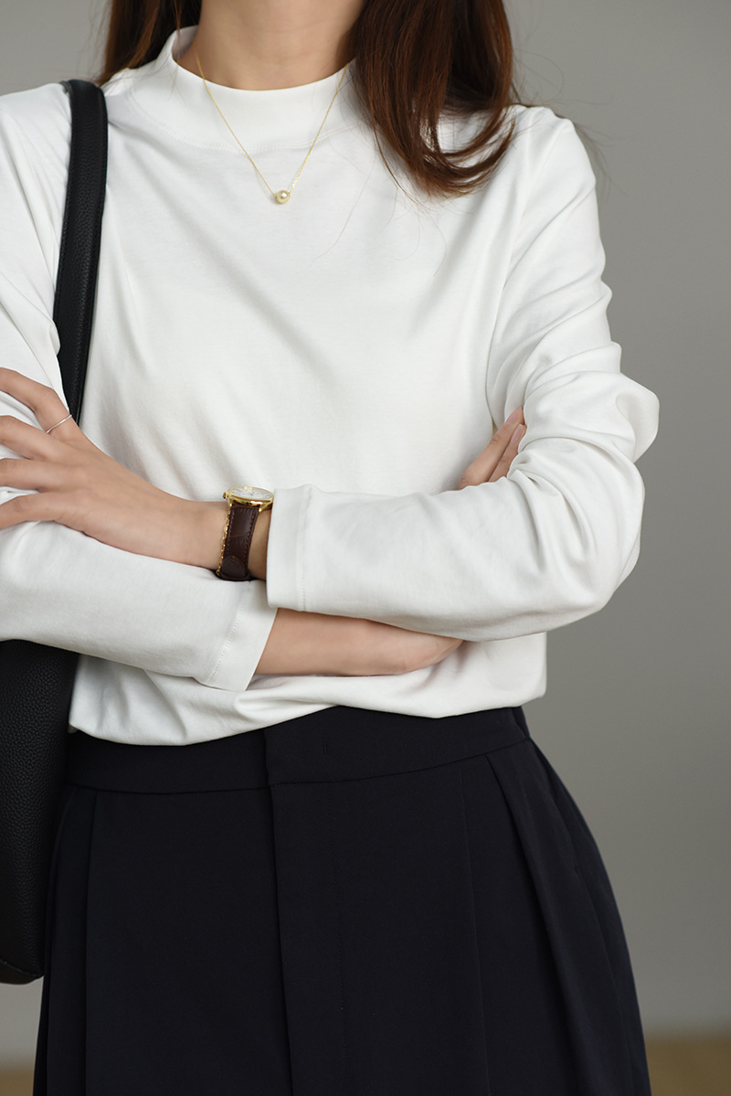 后中线设计纯棉长袖T恤女春秋中领宽松休闲内搭立领丝光棉打底衫详情13