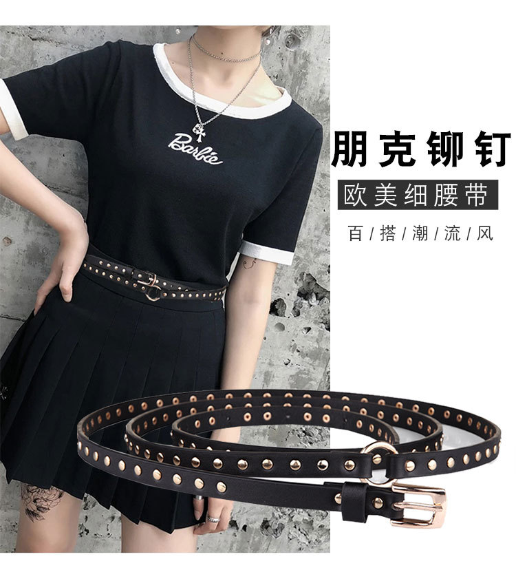 Comercio exterior europa y américa moda punk negro extra largo alrededor de dos anillos de remaches mujeres cintura fina cinturón de estilo fino de las mujeres pic 2