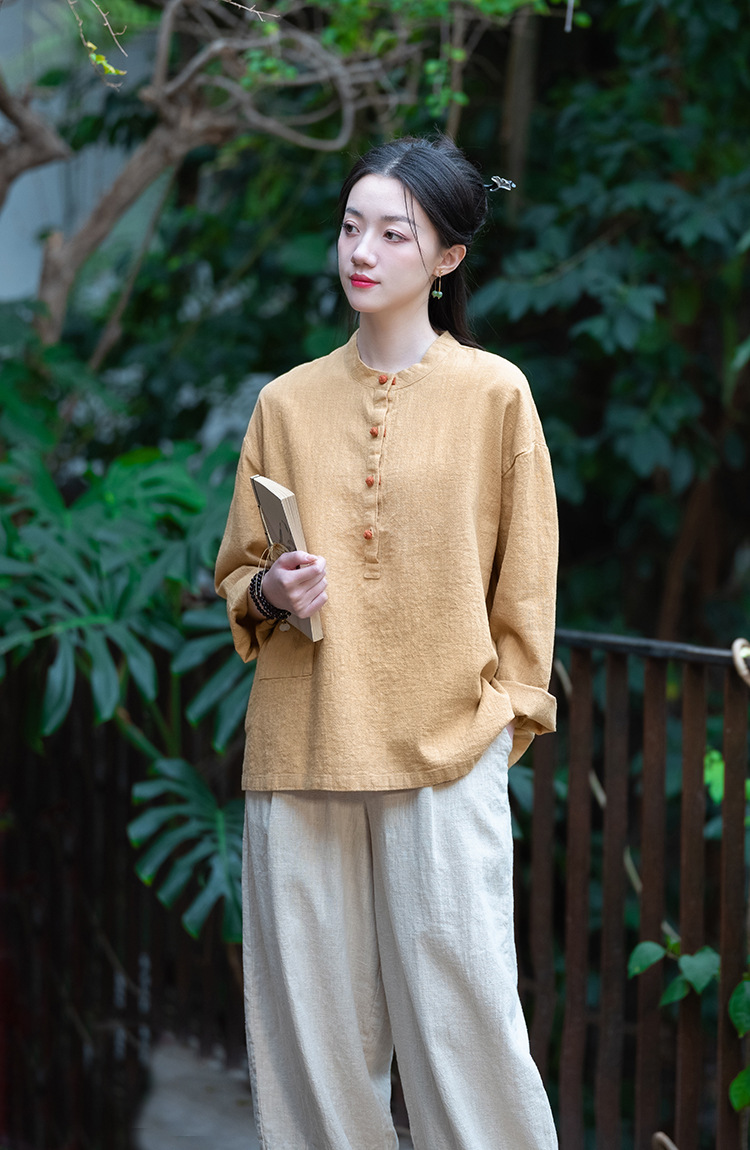 2024春夏棉麻女装新品亚麻立领拼色盘扣套头大码上衣女式棉麻衬衫详情44
