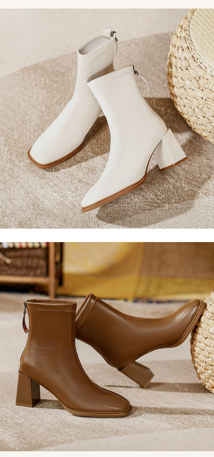 法式高跟短靴2023年新款粗跟时装靴子软皮白色春秋单靴方头瘦瘦靴详情16