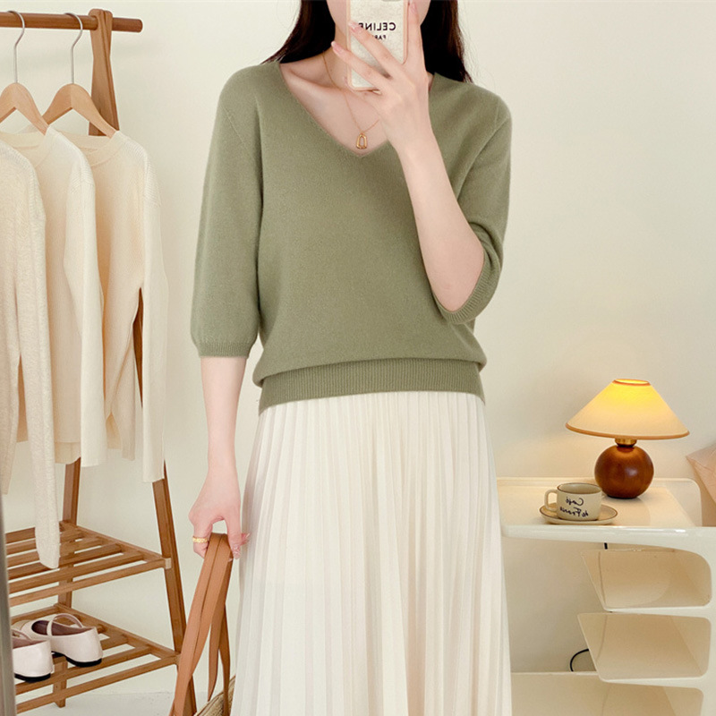 V-neck full wool knitted sweater for slimming and elegant look, seven-inch sleeve pullover wool sweater, sweater top #23127 pic 4