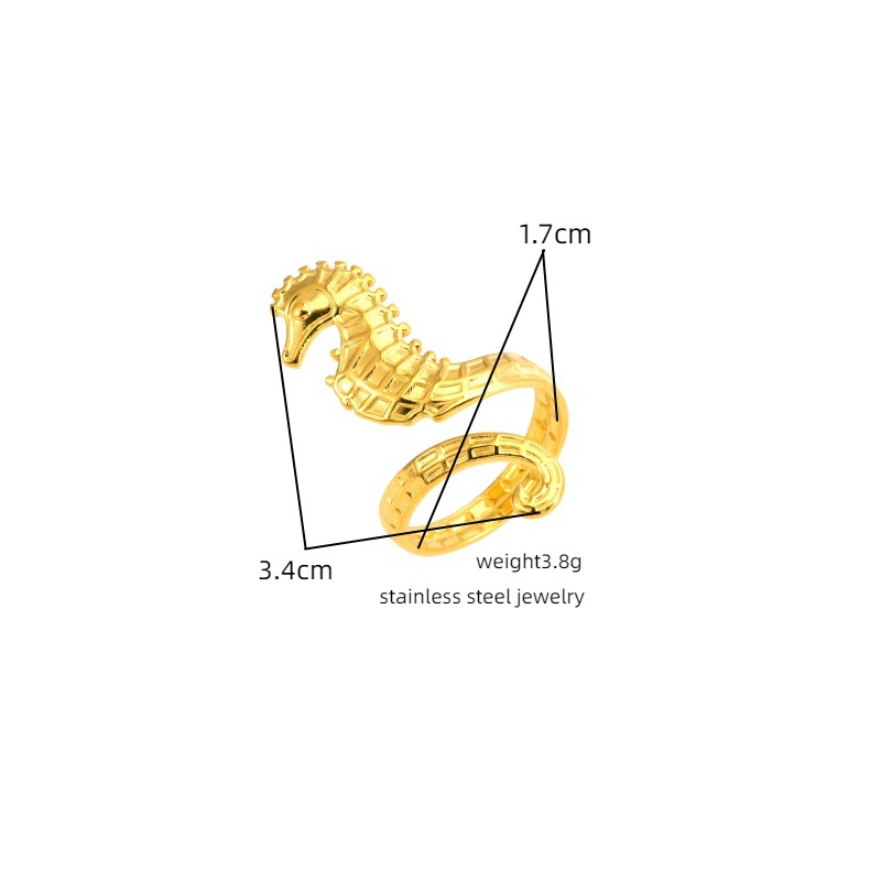 Wholesale of 18k gold stainless steel seahorse open ring with Marine elements in the classic INS style of Europe and America, which does not fade pic 11