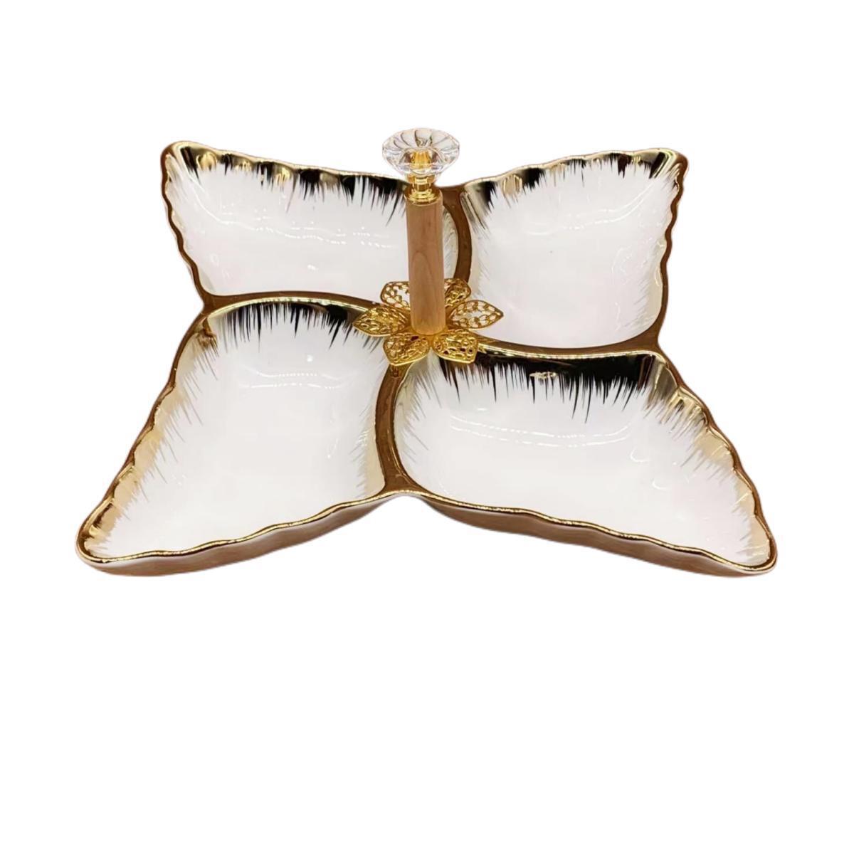 A pure white petal-shaped fruit platter with electroplated gold and multiple compartments, a hand-held restaurant banquet food platter pic 19